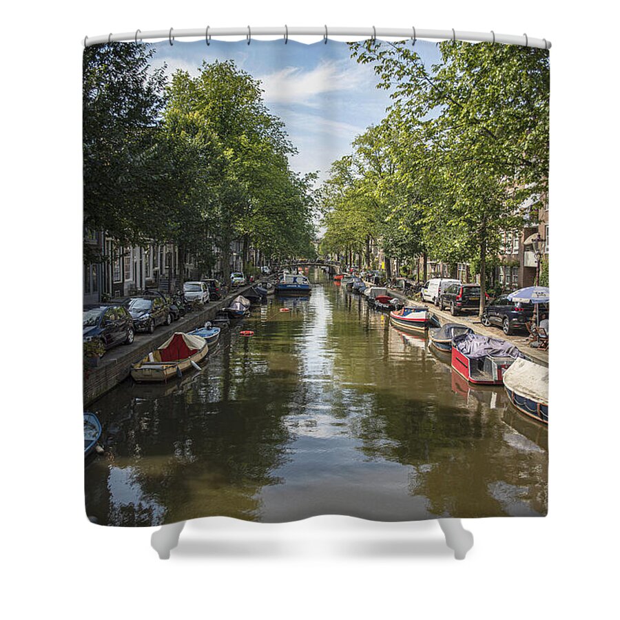 Serene Amsterdam Canal With Boats And Trees Shower Curtain