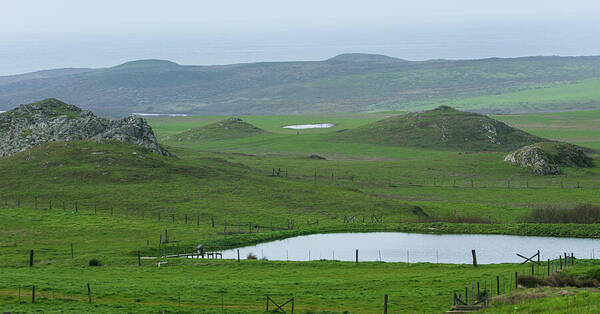 Tranquil Green Hills And Distant Sea Poster