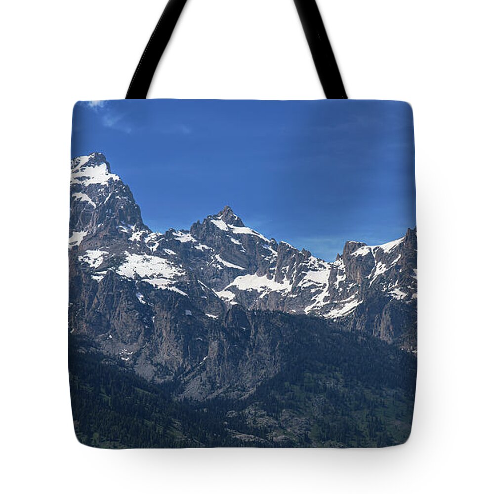 Snow-capped Teton Mountain Peaks Under Blue Sky Tote Bag