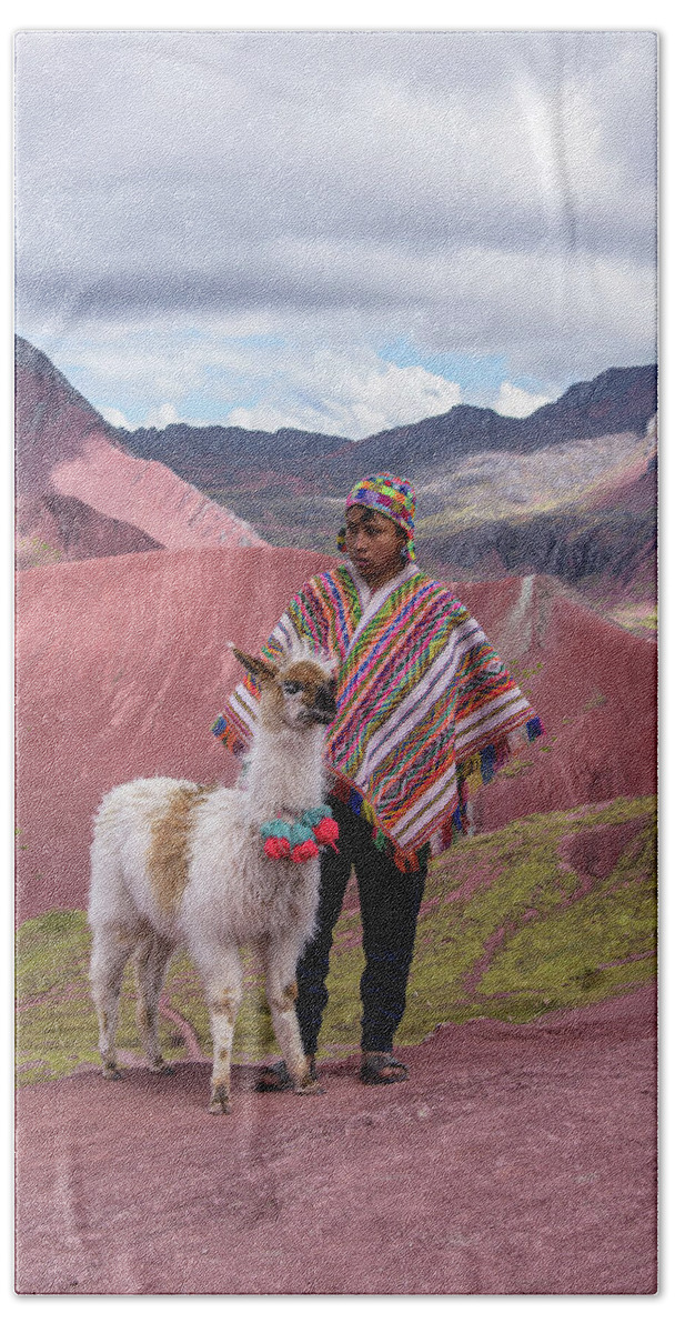 Peruvian Scene With Red Valley And Llama Hand Towel