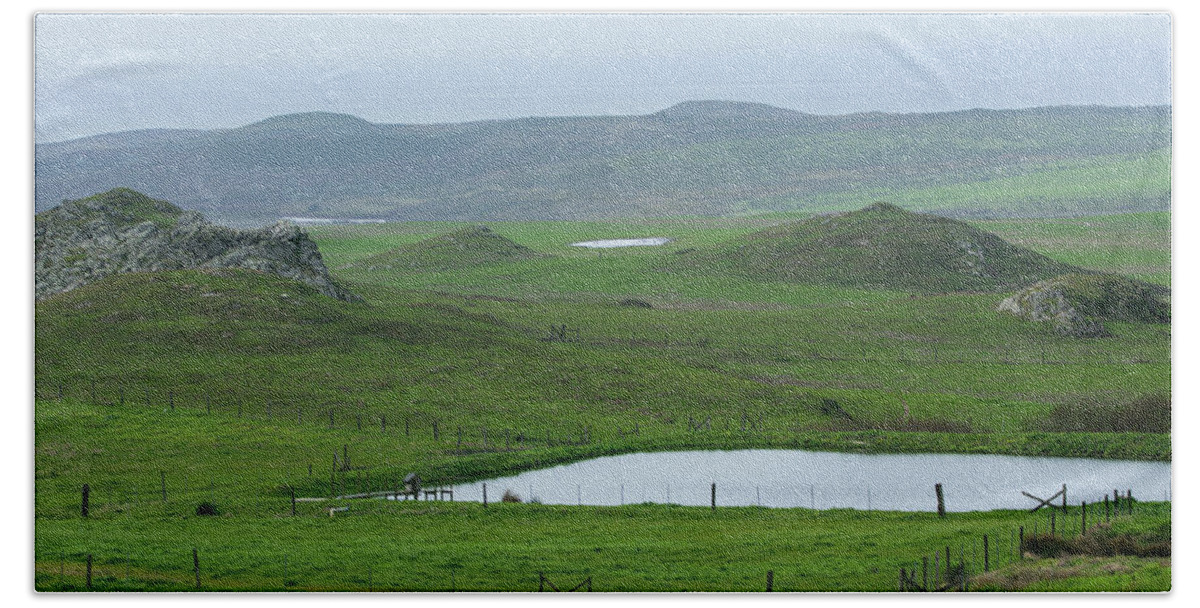 Tranquil Green Hills And Distant Sea Bath Towel