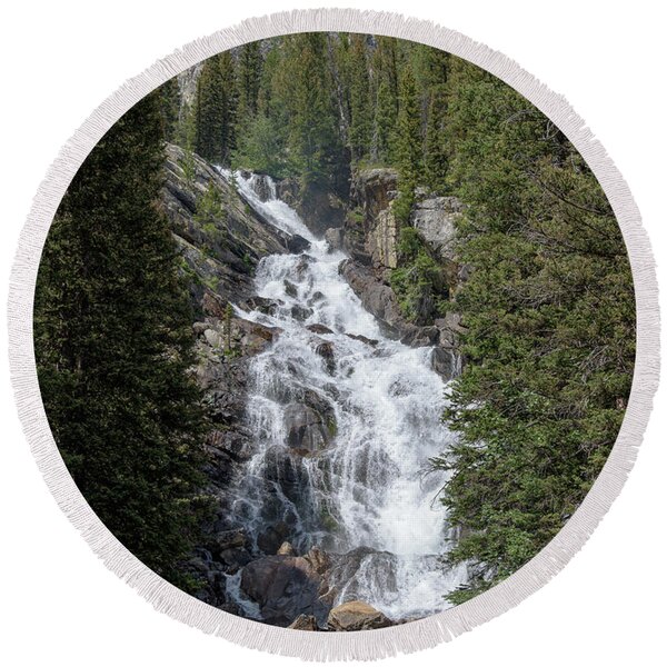 Waterfall Amidst Forest Landscape Round Beach Towel