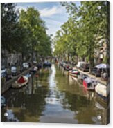 Serene Amsterdam Canal With Boats And Trees Acrylic Print