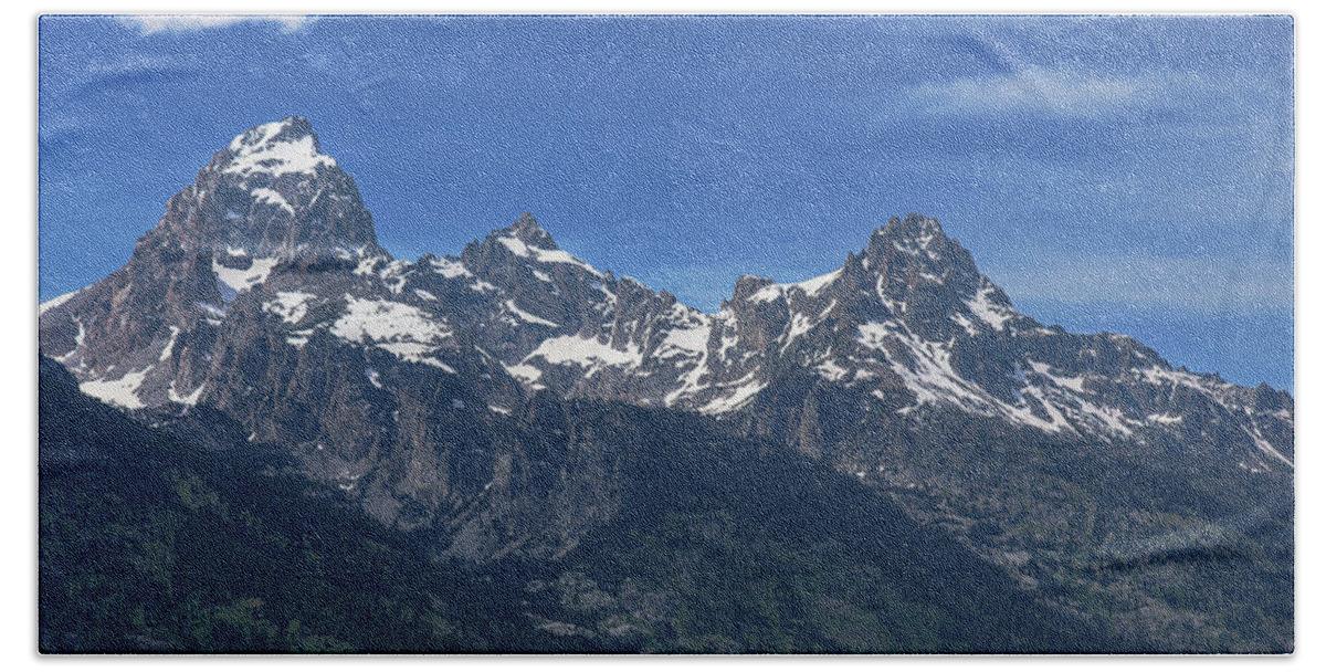 Snow-capped Teton Mountain Peaks Under Blue Sky Hand Towel