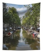 Serene Amsterdam Canal With Boats And Trees Tapestry