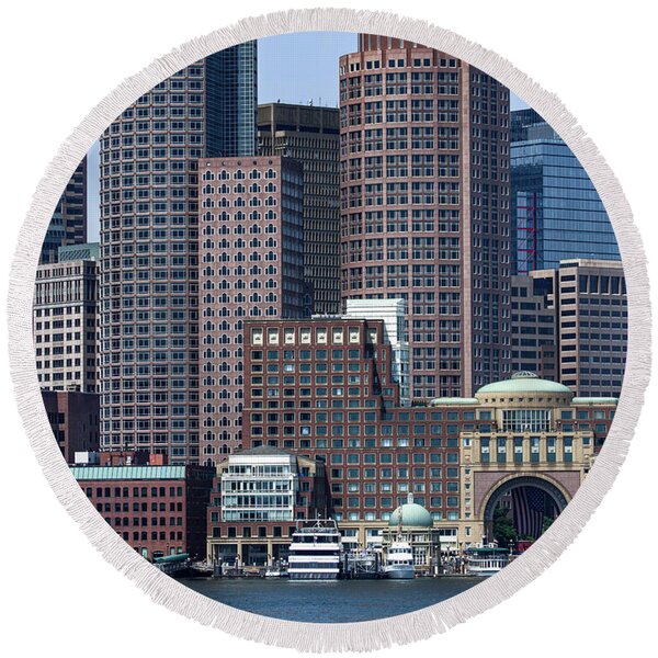 Boston Skyline by the Water Round Beach Towel
