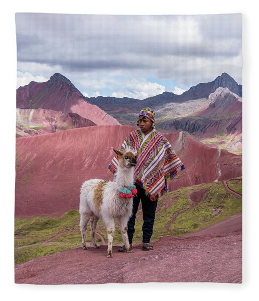 Peruvian Scene With Red Valley And Llama Fleece Blanket