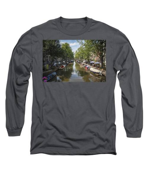 Serene Amsterdam Canal With Boats And Trees Long Sleeve T-Shirt