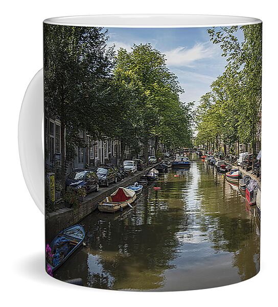 Serene Amsterdam Canal With Boats And Trees Coffee Mug