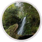 Serene Waterfall in Lush Forest Round Beach Towel