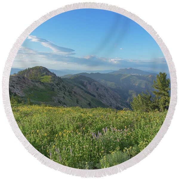 Mountain View with Wildflowers Round Beach Towel