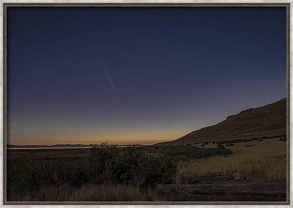 Twilight Comet Over Desert Landscape Framed Print