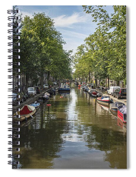 Serene Amsterdam Canal With Boats And Trees Spiral Notebook