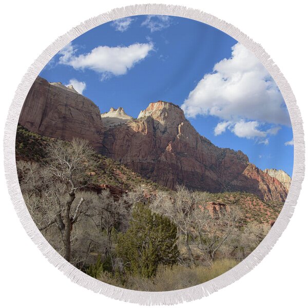 Majestic Mountain Under Clear Blue Sky Round Beach Towel