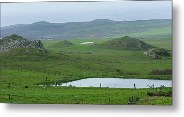 Tranquil Green Hills And Distant Sea Metal Print