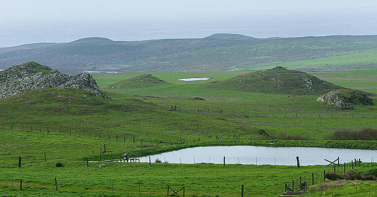 Serene Wall Art featuring the photograph Tranquil Green Hills And Distant Sea by Brandon Wichmann