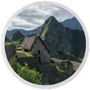 Ancient Ruins With Majestic Mountain Backdrop Round Beach Towel