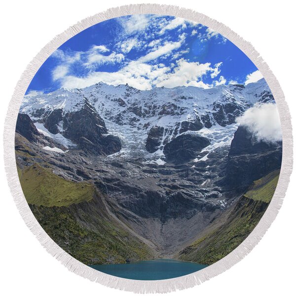 Majestic Mountain Overlooks Humantay Lake Round Beach Towel