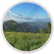 Mountain View with Wildflowers Round Beach Towel