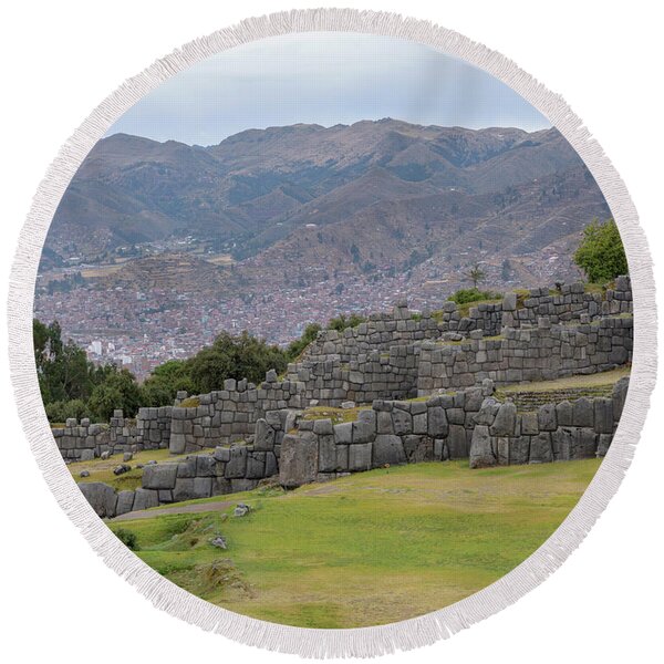 Saqsaywaman Incan Ruin In Cusco Peru Round Beach Towel