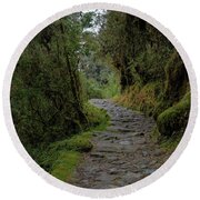 Moss-covered Path Through Lush Forest On The Inca Trail Round Beach Towel