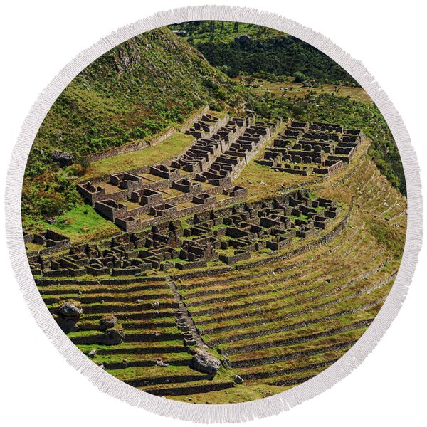 Ancient Terraces And Ruins In Andes Mountains Round Beach Towel