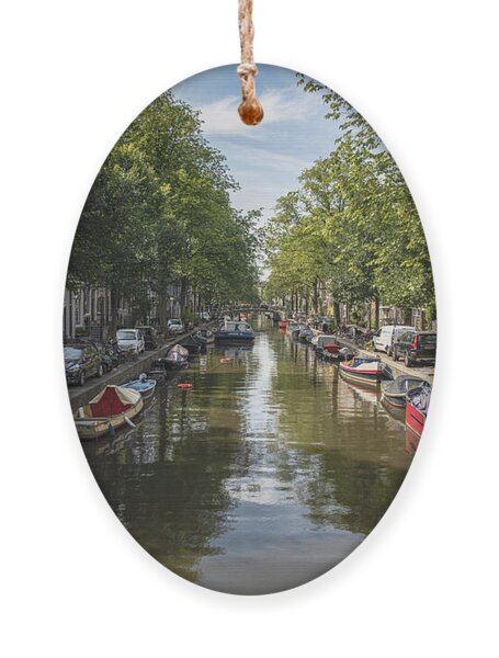 Serene Amsterdam Canal With Boats And Trees Ornament