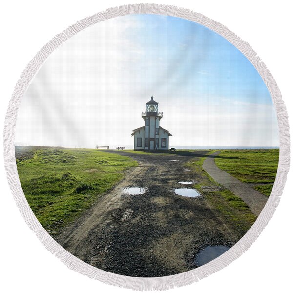Lighthouse Under A Bright Sky Round Beach Towel