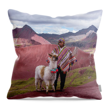 Peruvian Scene With Red Valley And Llama Throw Pillow