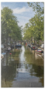 Serene Amsterdam Canal With Boats And Trees Bath Towel
