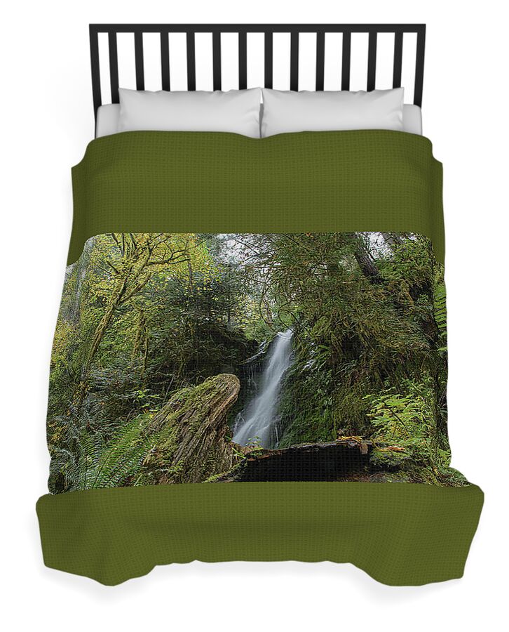 Serene Waterfall in Lush Forest Duvet Cover