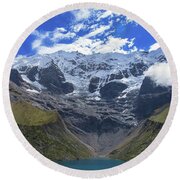 Majestic Mountain Overlooks Humantay Lake Round Beach Towel