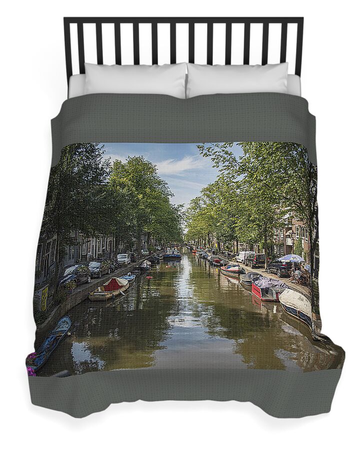 Serene Amsterdam Canal With Boats And Trees Duvet Cover