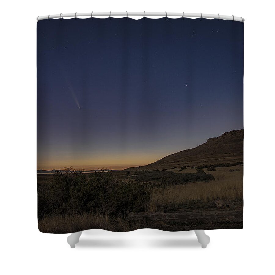 Twilight Comet Over Desert Landscape Shower Curtain